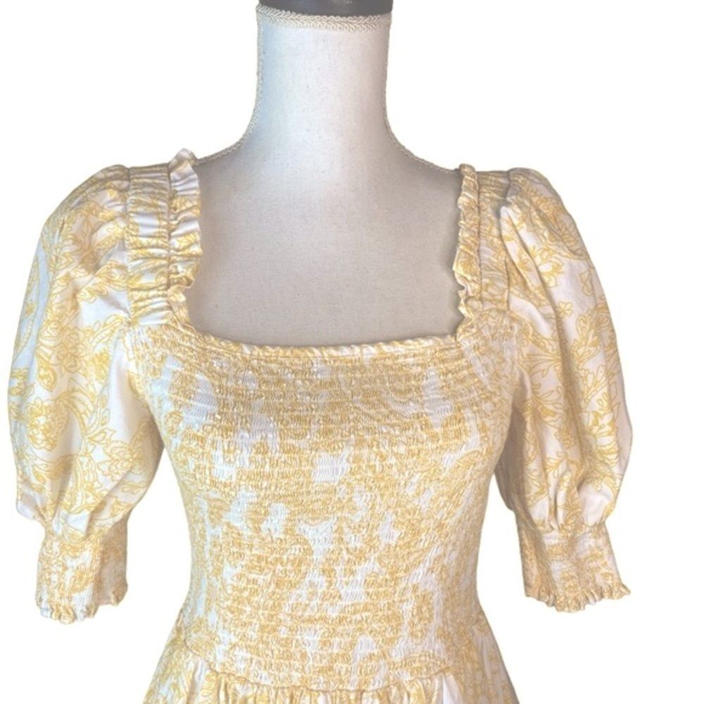 1. State Wm’s Sz Lrg Yellow White Puff Sleeve Square Neck Mock Chest Mini Dress - Picture 3 of 7